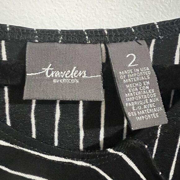 Chicos Travelers Top Size 2 /US L Black White Striped Tunic Asymmetrical Stretch - Picture 3 of 6